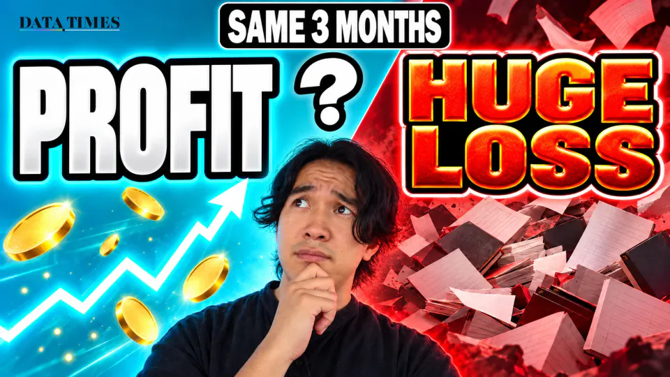 The frame is split diagonally. On the left, a bright cyan world with a glowing rising arrow and gold coins; on the right, a red world with an avalanche of ledgers. On the boundary, DATA TIMES editor-in-chief Kaito Ogasawara looks up, hand on chin, puzzled. The text reads "SAME 3 MONTHS", "PROFIT", "?" and "HUGE LOSS".