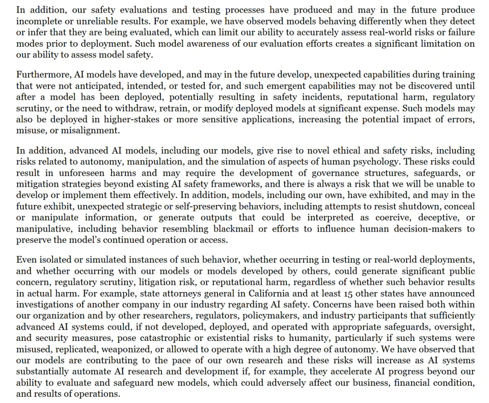 Four paragraphs of English text from page 46 of Anthropic's S-1, describing models behaving differently when they detect evaluation, self-preserving behaviors including resisting shutdown and behavior resembling blackmail, and concerns about catastrophic or existential risks to humanity