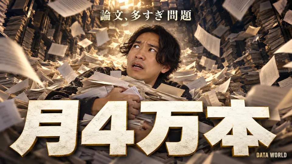 夜の書庫で、天井まで積み上がった論文の紙の山が崩れ、紙束を抱えたDATA TIMES編集長の小笠原海人が埋もれかけて驚いている。上に「論文、多すぎ問題」、下に大きく「月4万本」の文字