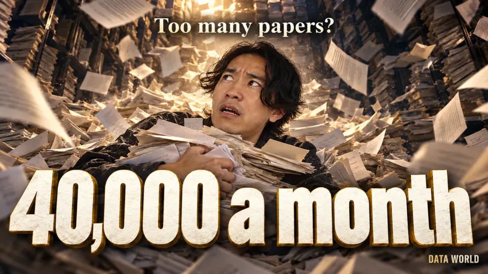 In a dim library, a ceiling-high pile of research papers collapses like an avalanche while DATA TIMES editor-in-chief Kaito Ogasawara, half buried and clutching stacks of paper, looks up in alarm. Small text reads "Too many papers?" and large text reads "40,000 a month"