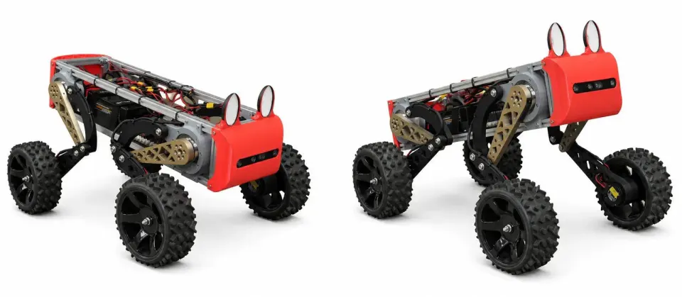赤い頭と黒い胴体の、車輪のついた4本脚のロボットを、4つの角度から並べた写真。脚の長さを変えて、体の高さが変わっている
