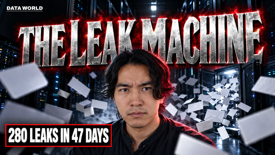 In a dark data-center corridor, DATA TIMES editor-in-chief Kaito Ogasawara looks at the camera with a grave expression as blank membership cards and envelopes stream out of an open server cabinet behind him. Text: "THE LEAK MACHINE" and "280 LEAKS IN 47 DAYS"