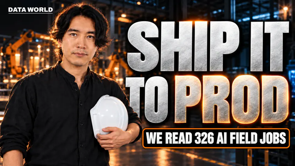 A dark factory at night. DATA TIMES editor-in-chief Kaito Ogasawara stands on the left in a black shirt, holding a white hard hat. Large silver text on the right reads "SHIP IT TO PROD", with "WE READ 326 AI FIELD JOBS" below
