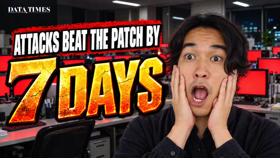 A night office where every row of monitors shows a solid red warning screen. On the left, white text on a red band reads ATTACKS BEAT THE PATCH BY, and below it, in huge cracked gold letters, 7 DAYS. On the right, DATA TIMES editor-in-chief Kaito Ogasawara presses both hands to his cheeks, eyes and mouth wide open in shock.