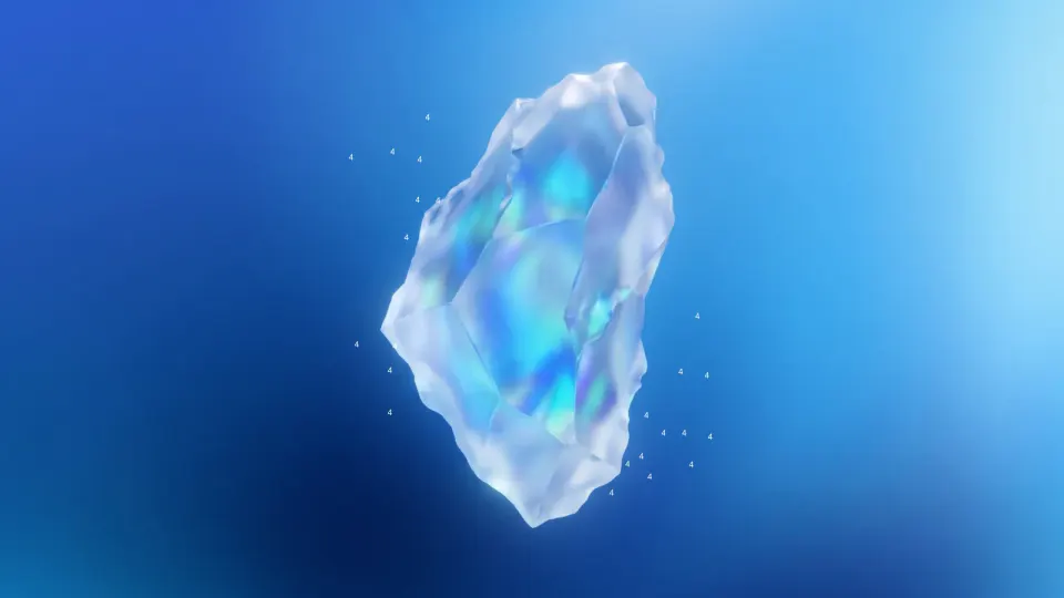 Google's official image for Gemini 4 Carbon: a large iridescent crystal floating on a blue gradient, with small white number 4s scattered around it