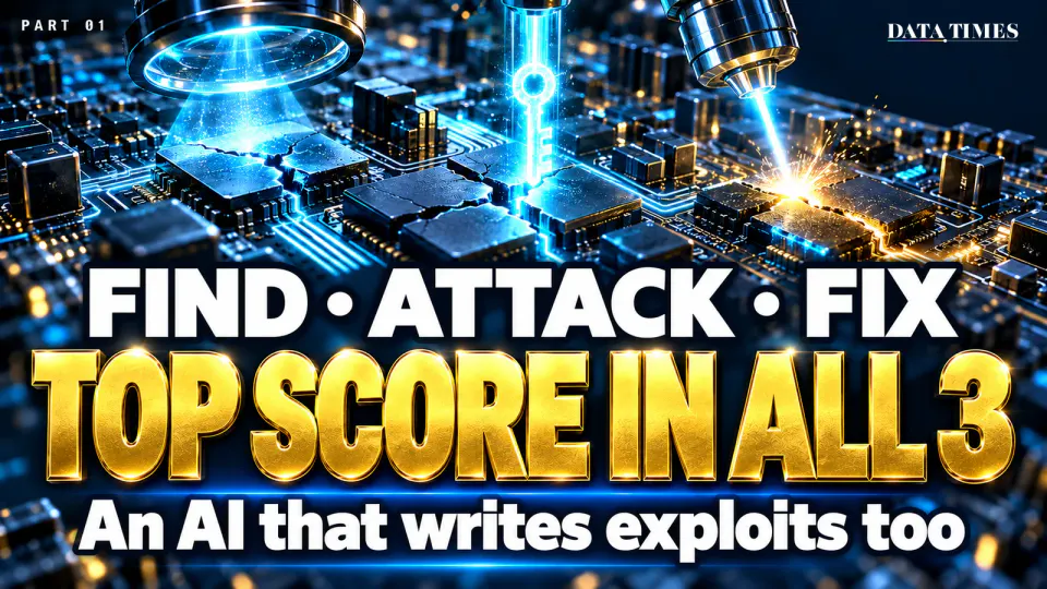 Chapter opener: a glowing blue circuit board seen as a city, where a magnifying lens finds a crack, a key-shaped beam slips into it, and a welding light seals another crack, with the words FIND · ATTACK · FIX and TOP SCORE IN ALL 3