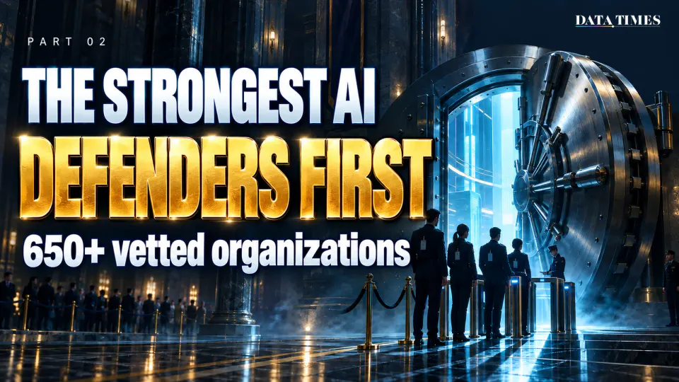 Chapter opener: in a dark hall, a giant vault door stands half open with blue light pouring out; uniformed defenders wait at a checkpoint while everyone else stands far back behind a rope, with the words THE STRONGEST AI and DEFENDERS FIRST