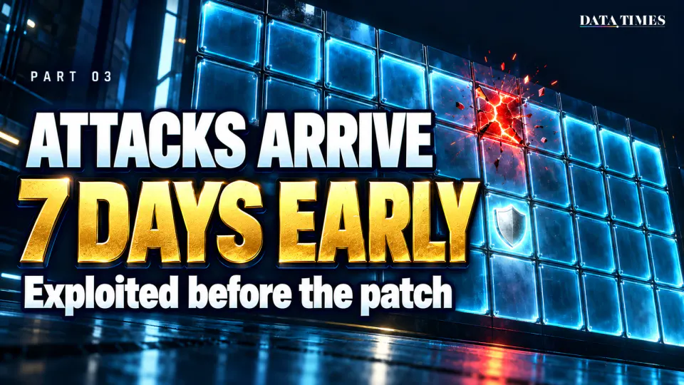 Chapter opener: a giant wall calendar of glowing blue tiles in a dark room; one tile has already cracked red, while a shield-shaped patch lights up only seven tiles later, with the words ATTACKS ARRIVE and 7 DAYS EARLY