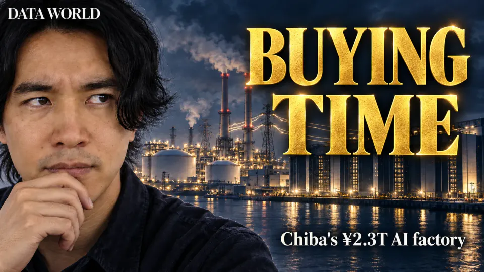 A bay at night where glowing data center buildings stand right next to an LNG power plant's chimneys and gas tanks, linked by power lines. DATA TIMES editor-in-chief Kaito Ogasawara looks on from the edge of the frame. Large gold text reads "BUYING TIME", with a smaller line "Chiba's ¥2.3T AI factory"