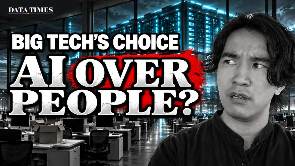 A black-and-white photo of a vast, empty office with rows of desks and a cardboard box; through the windows, a giant data center glows blue. Text reads BIG TECH'S CHOICE and AI OVER PEOPLE? on a red band. On the right, DATA TIMES editor-in-chief Kaito Ogasawara glances sideways, looking doubtful.