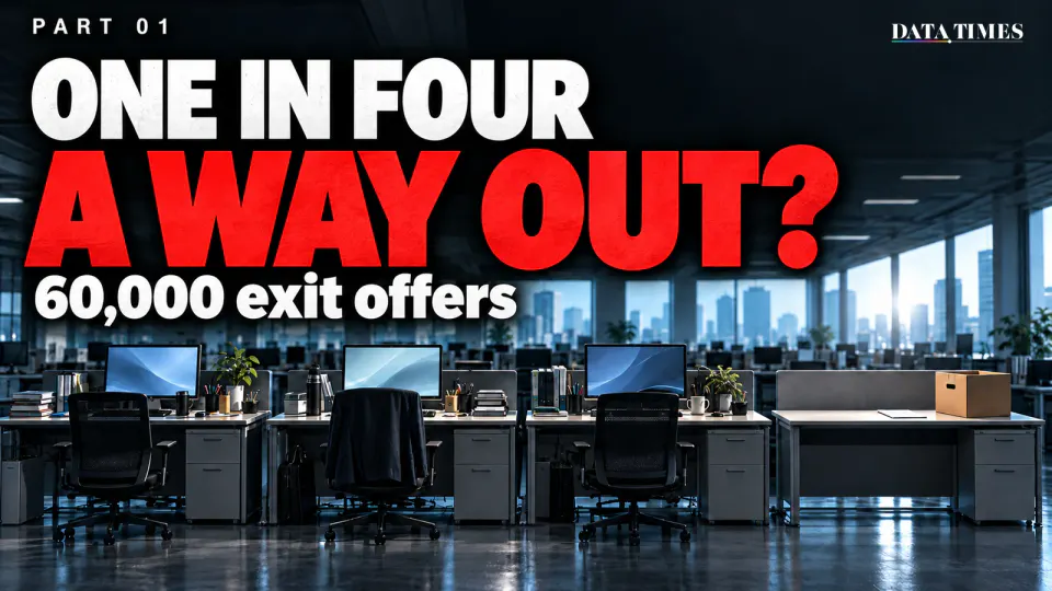 Chapter opener: four desks in a quiet office, the fourth one cleared with a cardboard box and a blank envelope, with the words ONE IN FOUR, A WAY OUT?