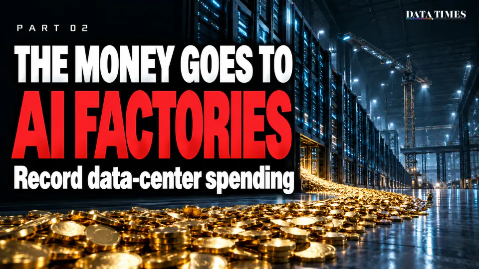 Chapter opener: a river of gold coins flowing across the floor of an endless data-center hall lit in cold blue, with the words THE MONEY GOES TO AI FACTORIES