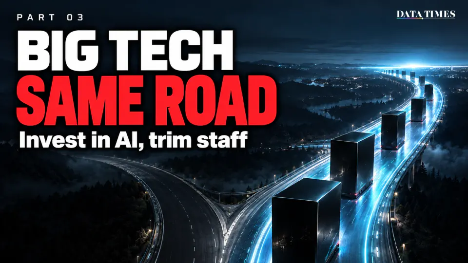 Chapter opener: a night aerial view of a highway fork where several giant black monoliths all turn onto the same glowing blue lane, with the words BIG TECH, SAME ROAD