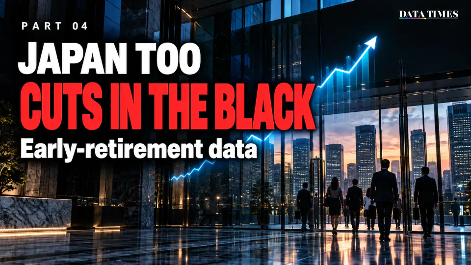 Chapter opener: an office-tower lobby at dusk, a glowing profit line rising in the air while people in suits walk out through the glass doors, with the words JAPAN TOO, CUTS IN THE BLACK