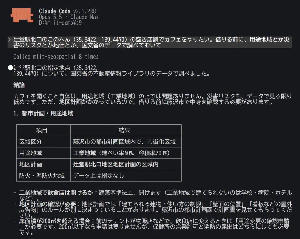 黒い端末の画面。依頼文の下に、AIの答え。「結論：カフェを開くこと自体は、用途地域（工業地域）の上では問題ありません。災害リスクも、データで見る限り低めです。ただ、地区計画がかかっているので、借りる前に藤沢市で中身を確認する必要があります」。都市計画・用途地域の表（区域区分は市街化区域、用途地域は工業地域・建ぺい率60%・容積率200%、地区計画は辻堂駅北口地区地区計画の区域内、防火・準防火地域はデータ上は指定なし）。その下に、工業地域で飲食店は開けるか、地区計画の確認が必要、床面積が200㎡を超える場合の注意