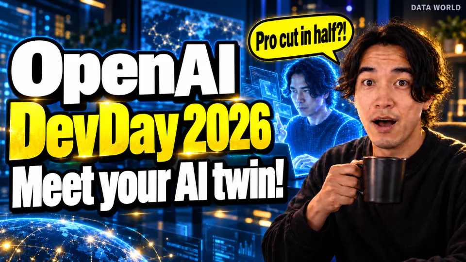 DATA TIMES Editor-in-Chief Kaito Ogasawara, wide-eyed with a coffee mug, while a glowing copy of himself works on a laptop behind him. Text: OpenAI DevDay 2026. Meet your AI twin! Pro cut in half?!