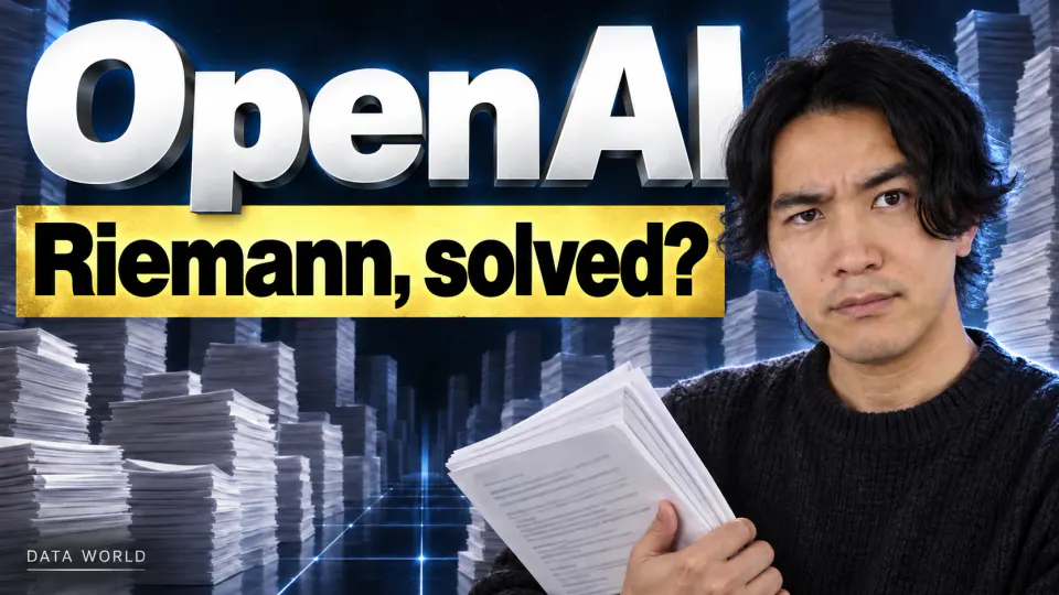 OpenAI: Riemann, solved? Against a midnight-blue background with towering stacks of paper, giant silver 3D letters read "OpenAI," and a gold band below reads "Riemann, solved?" On the right, DATA TIMES editor-in-chief Kaito Ogasawara holds a bundle of papers and eyes the camera skeptically.