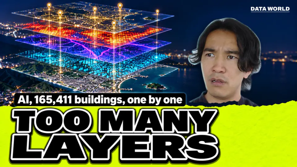 Five map layers stacked over the Shonan coast at night: satellite imagery, building dots, landforms, an earthquake shaking grid and land price pins. On the right, DATA TIMES editor-in-chief Kaito Ogasawara peers out from behind the band with a puzzled look. Text: AI, 165,411 buildings, one by one. TOO MANY LAYERS