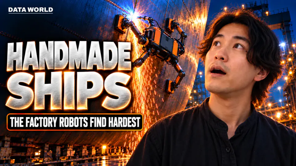 In a dry dock at night, a four-legged welding robot clings to a giant steel hull, throwing sparks. In the foreground on the right, DATA TIMES editor-in-chief Kaito Ogasawara looks up at it in amazement. Text: "HANDMADE SHIPS" and "THE FACTORY ROBOTS FIND HARDEST"
