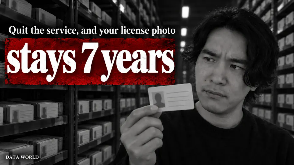 Kaito Ogasawara, editor-in-chief of DATA TIMES, frowning at a blank ID card in an endless archive of identical cards. Text: Quit the service, and your license photo stays 7 years.